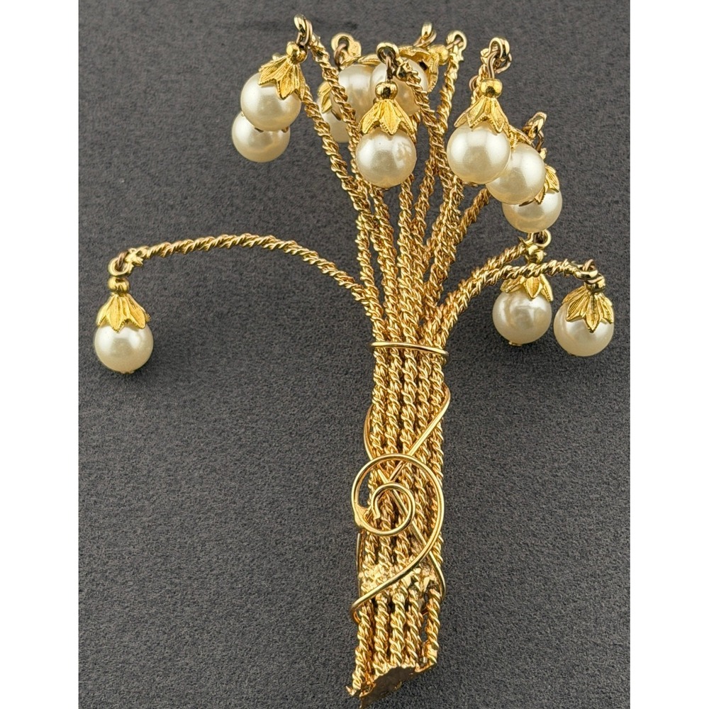 Vintage Hobe Weeping Willow Brooch Faux Pearl Gold Tone Dangle 3.5" Signed